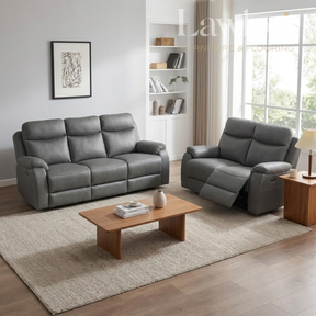 Black 3+2 recliner sofa set in a modern living room