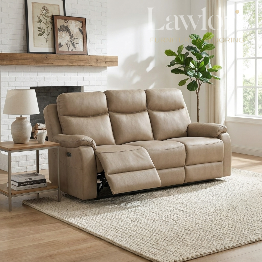Beige 3 seater recliner sofa in a modern living room