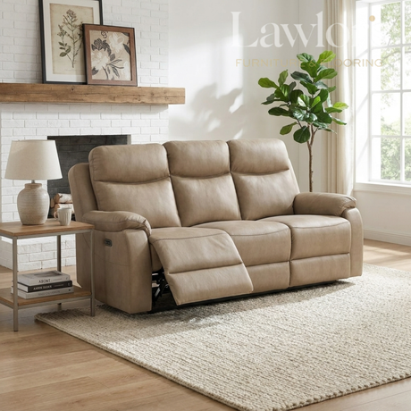Beige 3 seater recliner sofa in a modern living room