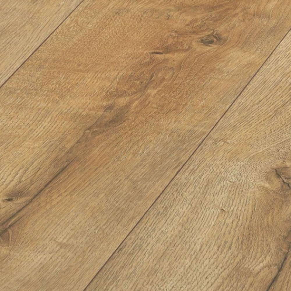The Canyon Oak Laminate Flooring - 12mm features AC6-rated, water-resistant, with an Express Click system for easy installation.