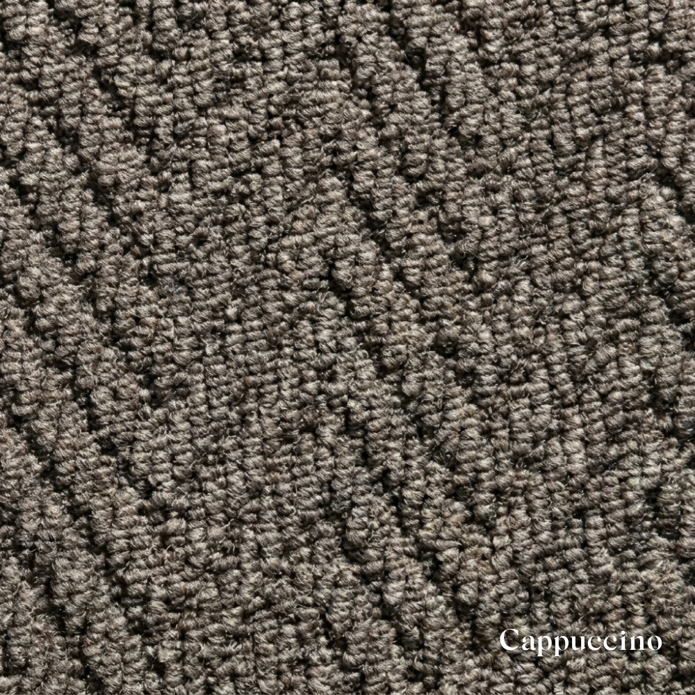 Close-up of textured brown carpet with 'Cappuccino' label