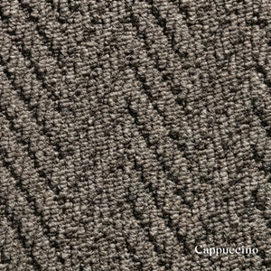 Close-up of textured brown carpet with 'Cappuccino' label