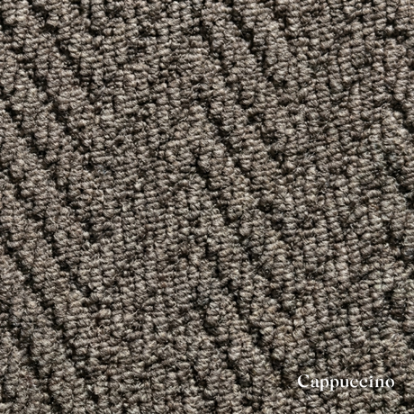 Close-up of textured brown carpet with 'Cappuccino' label