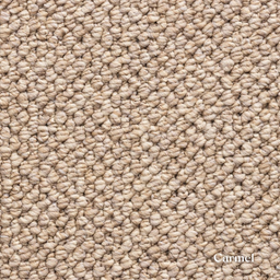 Close-up of carmel carpet texture with 'Carmel' brand name.