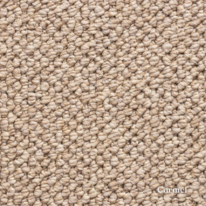 Close-up of carmel carpet texture with 'Carmel' brand name.