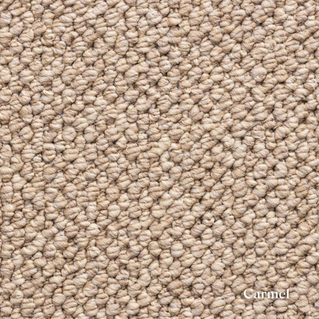 Close-up of carmel carpet texture with 'Carmel' brand name.
