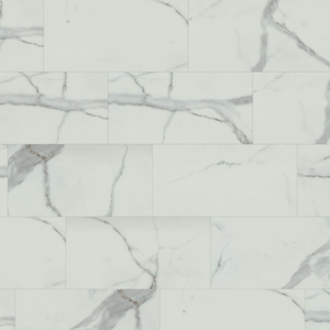 White marble-look rectangular wall or floor tiles with soft gray veining, arranged in a staggered brick pattern.