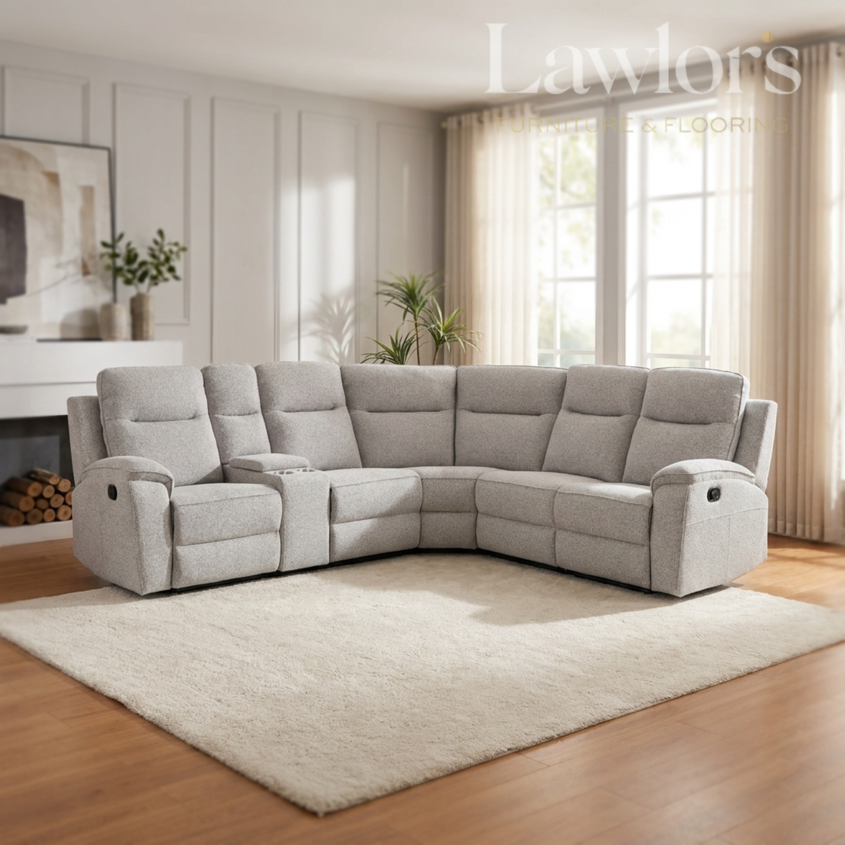 Light grey sectional corner recliner sofa in a living room