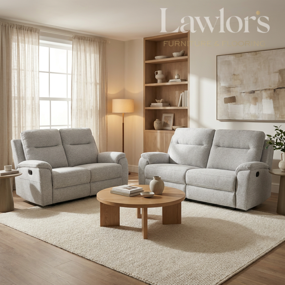 Light grey 3+2 sofa set in a modern living room