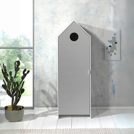 The Casami Kids 1 & 1 Open Door Wardrobe Set Grey & White features stylish storage with shelves & hanging rail in cozy Belgian beach house design