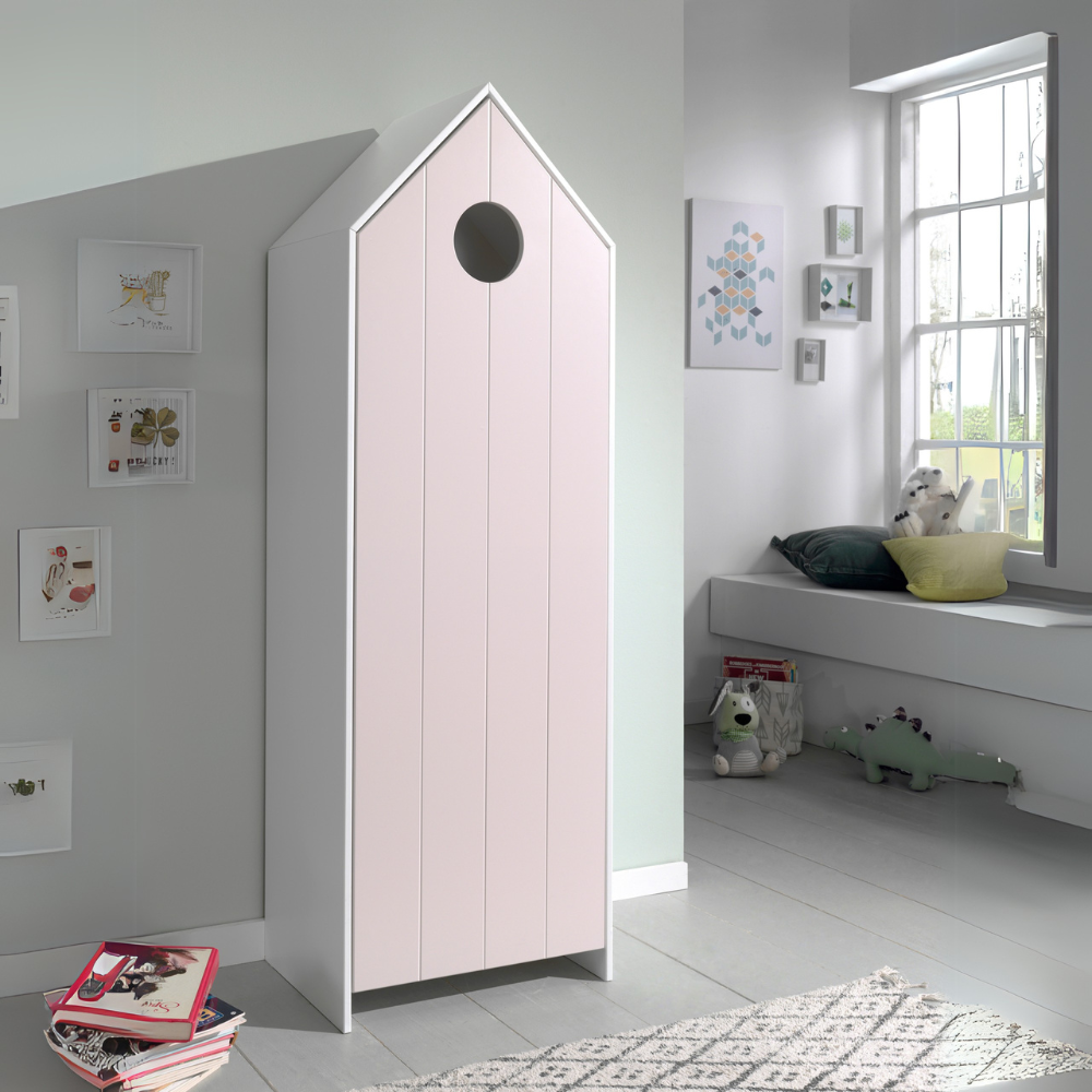 The Casami Kids 1 & 1 Open Door Wardrobe Set Pink & White features stylish storage with shelves & hanging rail in cozy Belgian beach house design