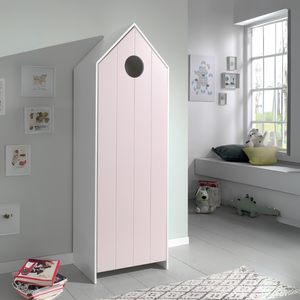 The Casami Kids 1 & 1 Open Door Wardrobe Set Pink & White features stylish storage with shelves & hanging rail in cozy Belgian beach house design