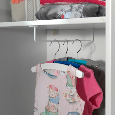 The Casami Kids 1 & 1 Open Door Wardrobe Set White features stylish storage with shelves & hanging rail in cozy Belgian beach house design