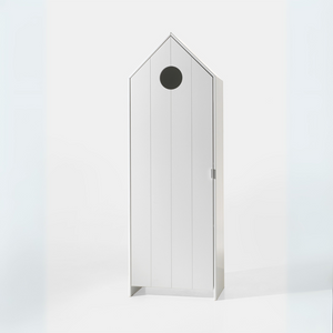 The Casami Kids 1 & 1 Open Door Wardrobe Set White features stylish storage with shelves & hanging rail in cozy Belgian beach house design