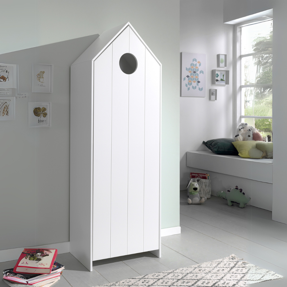 The Casami Kids 1 & 1 Open Door Wardrobe Set White features stylish storage with shelves & hanging rail in cozy Belgian beach house design