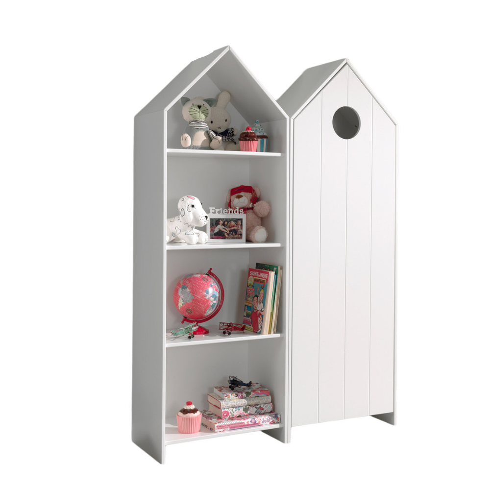 The Casami Kids 1 & 1 Open Door Wardrobe Set White features stylish storage with shelves & hanging rail in cozy Belgian beach house design