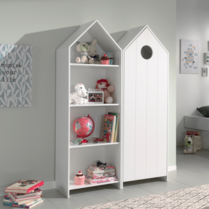 The Casami Kids 1 & 1 Open Door Wardrobe Set White features stylish storage with shelves & hanging rail in cozy Belgian beach house design