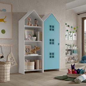 The Casami Kids 1 & 1 Open Door Window Wardrobe Set in Blue & White features beach house style with shelves and rails, MDF material and lacquered finish