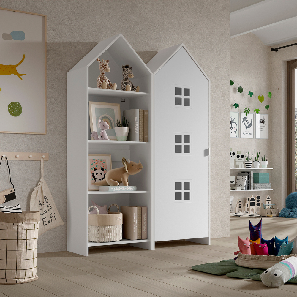 The Casami Kids 1 & 1 Open Door Window Wardrobe Set in White features beach house style with shelves and rails, MDF material and lacquered finish
