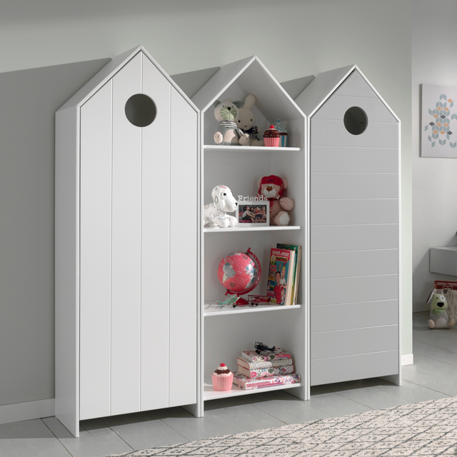 The Casami Kids 2 & 1 Open Door Wardrobe Set Grey & White features playful beach house style with shelves and rails for toys, books & clothes