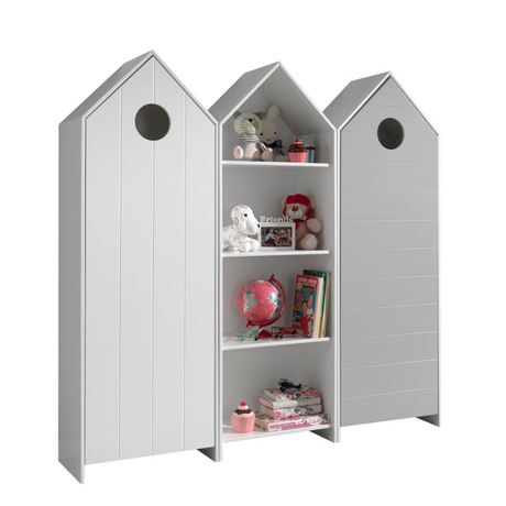 The Casami Kids 2 & 1 Open Door Wardrobe Set Grey & White features playful beach house style with shelves and rails for toys, books & clothes