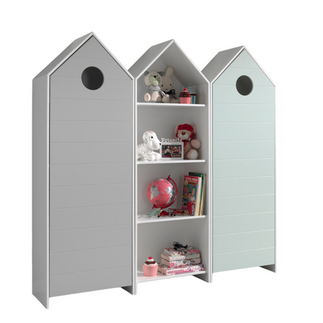 The Casami Kids 2 & 1 Open Door Wardrobe Set Mint Green & Grey features playful beach house style with shelves and rails for toys, books & clothes
