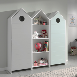 The Casami Kids 2 & 1 Open Door Wardrobe Set Mint Green & Grey features playful beach house style with shelves and rails for toys, books & clothes