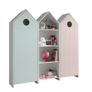 The Casami Kids 2 & 1 Open Door Wardrobe Set Mint Green & Pink features playful beach house style with shelves and rails for toys, books & clothes