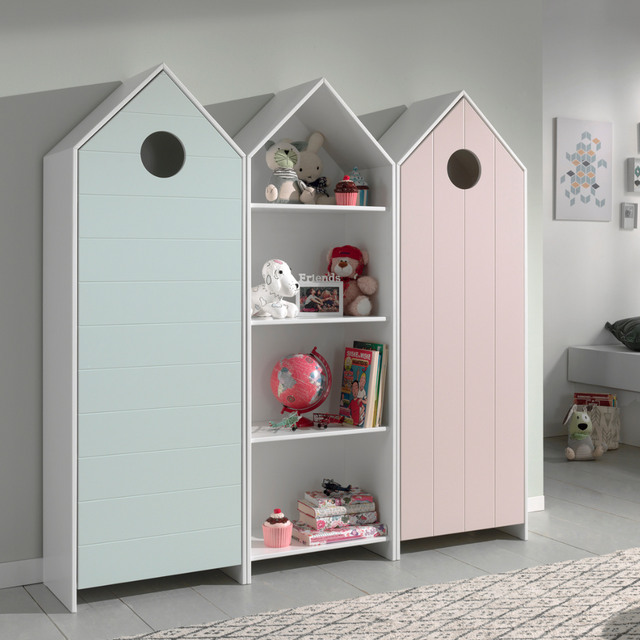 The Casami Kids 2 & 1 Open Door Wardrobe Set Mint Green & Pink features playful beach house style with shelves and rails for toys, books & clothes
