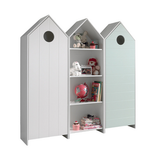 The Casami Kids 2 & 1 Open Door Wardrobe Set Mint Green & White features playful beach house style with shelves and rails for toys, books & clothes