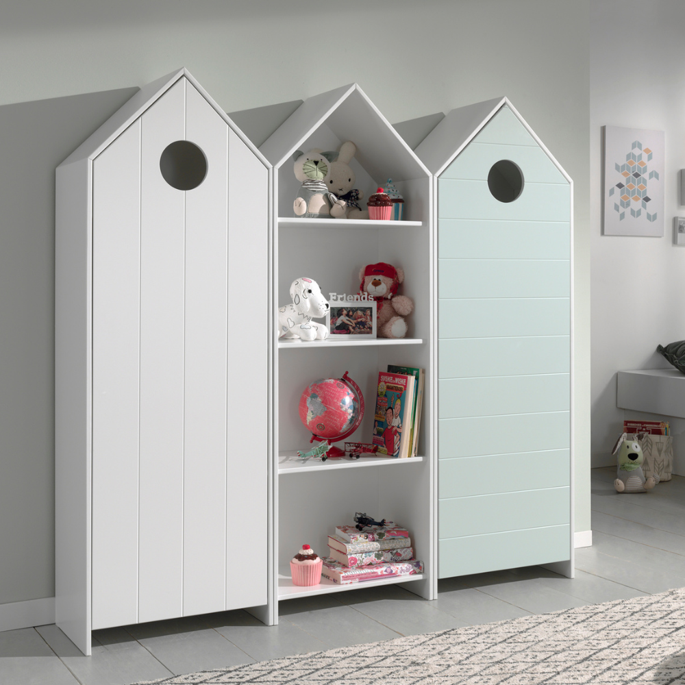 The Casami Kids 2 & 1 Open Door Wardrobe Set Mint Green & White features playful beach house style with shelves and rails for toys, books & clothes