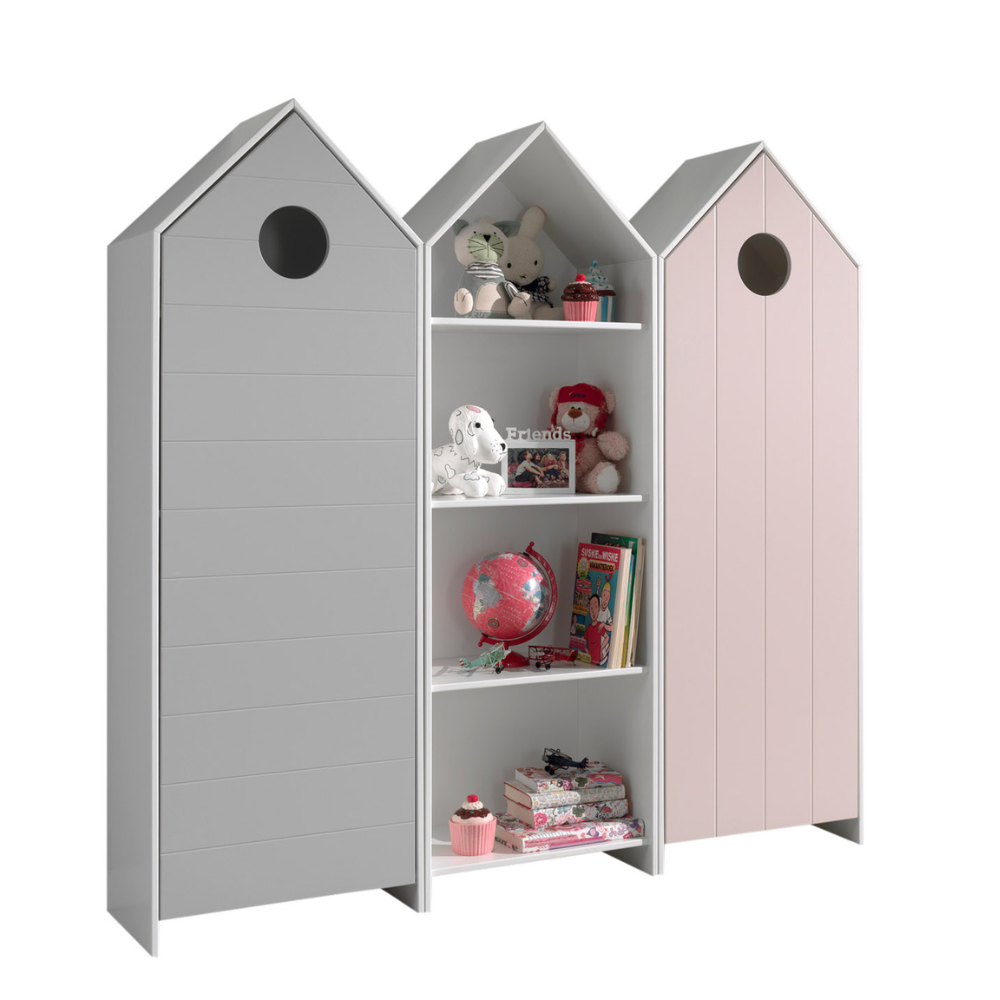 The Casami Kids 2 & 1 Open Door Wardrobe Set Pink & Grey features playful beach house style with shelves and rails for toys, books & clothes