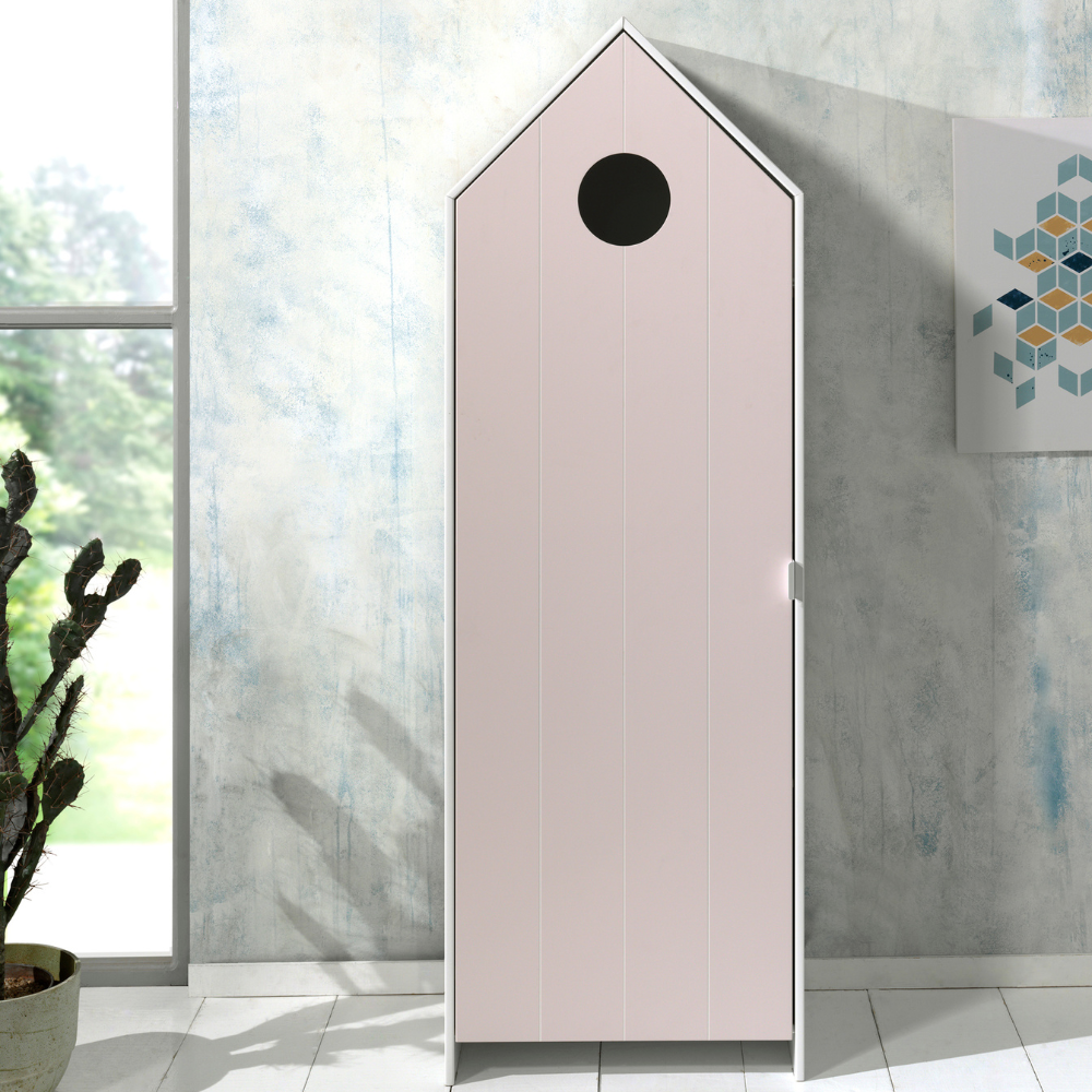 The Casami Kids 2 & 1 Open Door Wardrobe Set Pink & Grey features playful beach house style with shelves and rails for toys, books & clothes