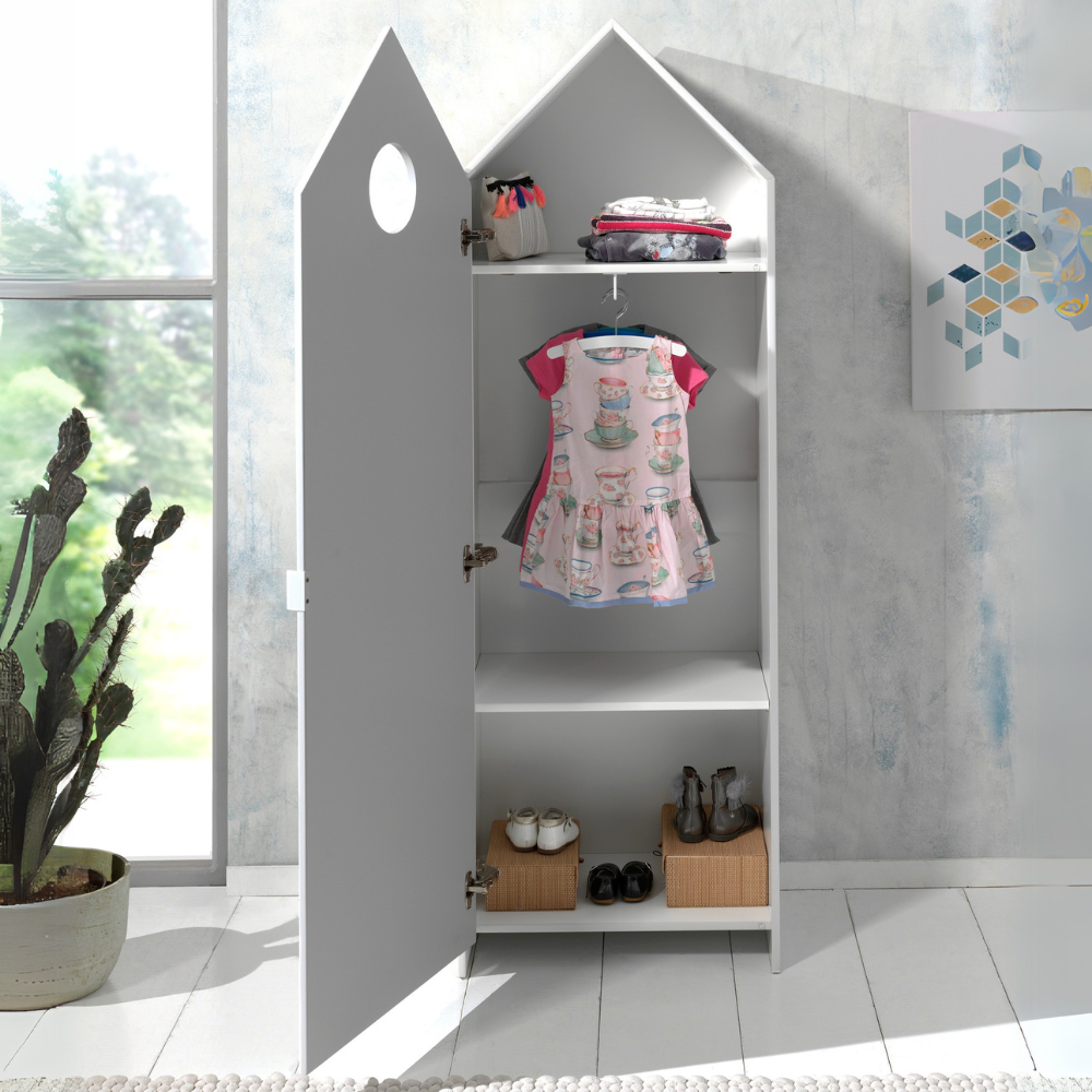 The Casami Kids 2 & 1 Open Door Wardrobe Set Pink & Grey features playful beach house style with shelves and rails for toys, books & clothes