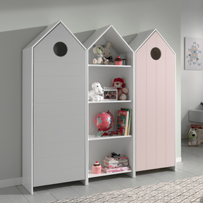 The Casami Kids 2 & 1 Open Door Wardrobe Set Pink & Grey features playful beach house style with shelves and rails for toys, books & clothes