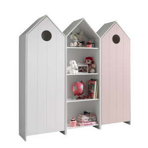 The Casami Kids 2 & 1 Open Door Wardrobe Set Pink & White features playful beach house style with shelves and rails for toys, books & clothes