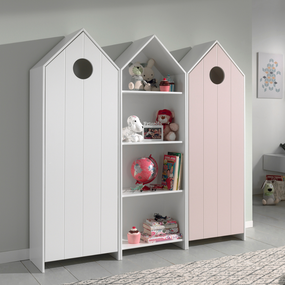 The Casami Kids 2 & 1 Open Door Wardrobe Set Pink & White features playful beach house style with shelves and rails for toys, books & clothes