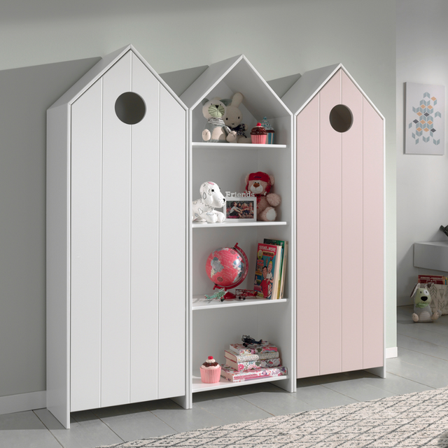 The Casami Kids 2 & 1 Open Door Wardrobe Set Pink & White features playful beach house style with shelves and rails for toys, books & clothes