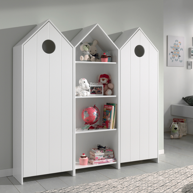 The Casami Kids 2 & 1 Open Door Wardrobe Set Satin White features playful beach house style with shelves and rails for toys, books & clothes