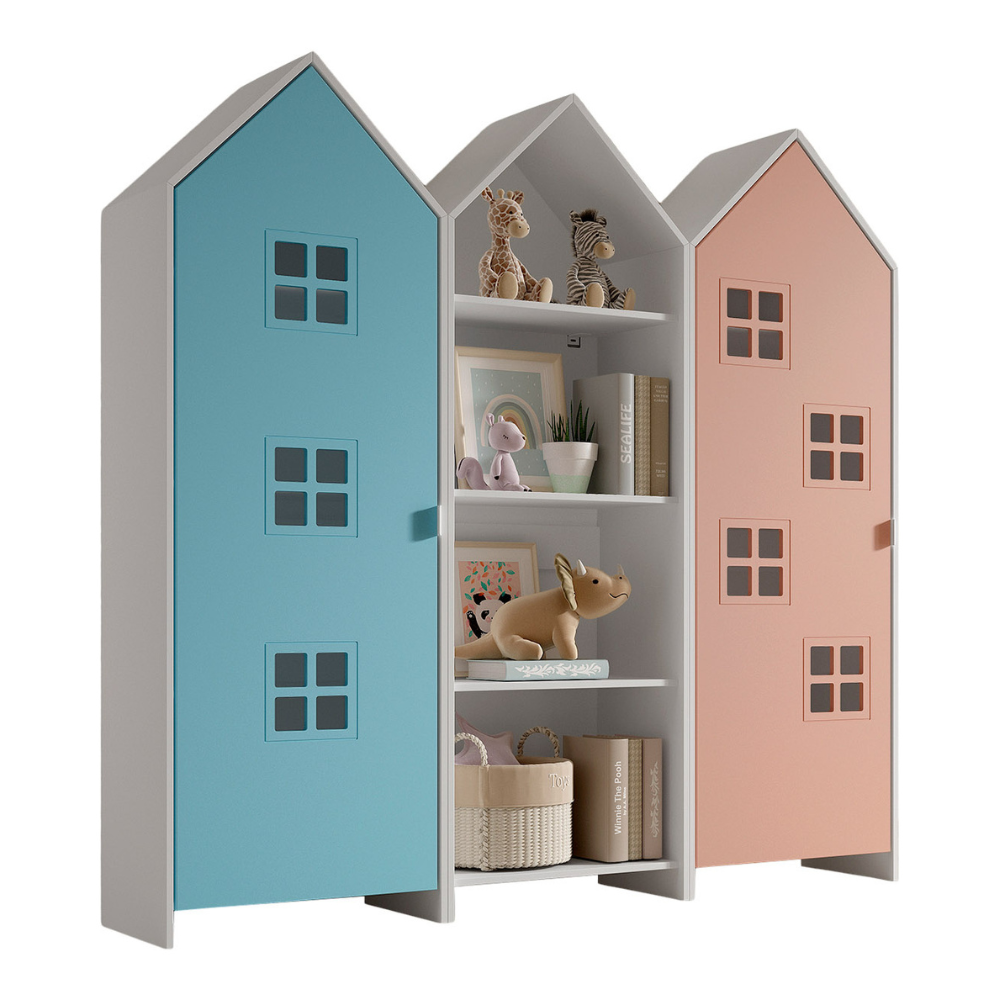 The Casami Kids 2 & 1 Open Door Window Wardrobe Set in Ballet Blue & Blush Peach features playful beach hut design, three shelves, MDF and a hanging rail