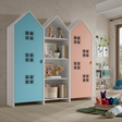The Casami Kids 2 & 1 Open Door Window Wardrobe Set in Ballet Blue & Blush Peach features playful beach hut design, three shelves, MDF and a hanging rail