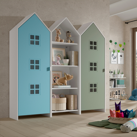 The Casami Kids 2 & 1 Open Door Window Wardrobe Set in Ballet Blue & Mint Green features playful beach hut design, three shelves, MDF and a hanging rail