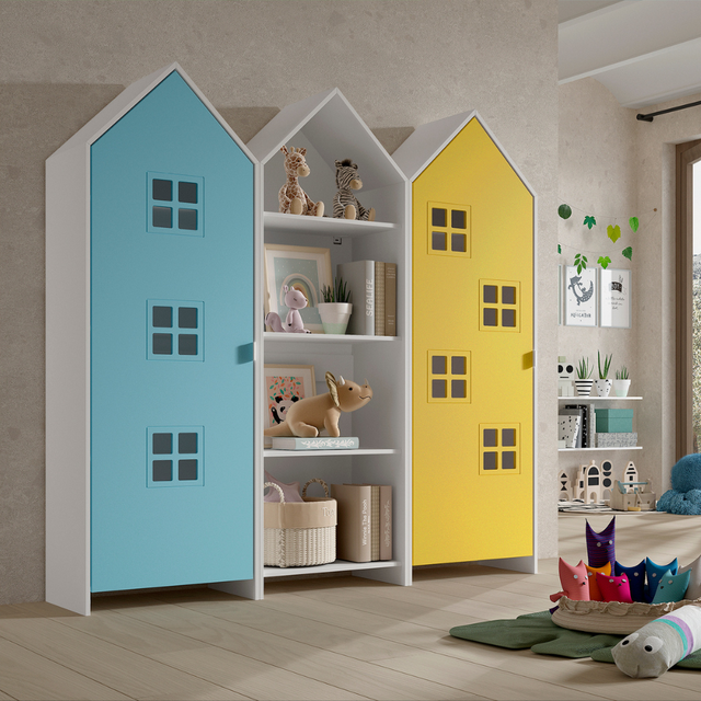 The Casami Kids 2 & 1 Open Door Window Wardrobe Set in Ballet Blue & Sunbeam Yellow features playful beach hut design, three shelves, MDF and a hanging rail