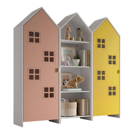The Casami Kids 2 & 1 Open Door Window Wardrobe Set in Blush Peach & Sunbeam Yellow features playful beach hut design, three shelves, MDF and a hanging rail