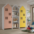 The Casami Kids 2 & 1 Open Door Window Wardrobe Set in Blush Peach & Sunbeam Yellow features playful beach hut design, three shelves, MDF and a hanging rail