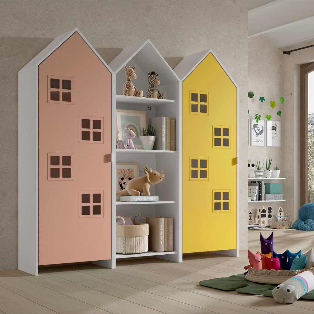 The Casami Kids 2 & 1 Open Door Window Wardrobe Set in Blush Peach & Sunbeam Yellow features playful beach hut design, three shelves, MDF and a hanging rail