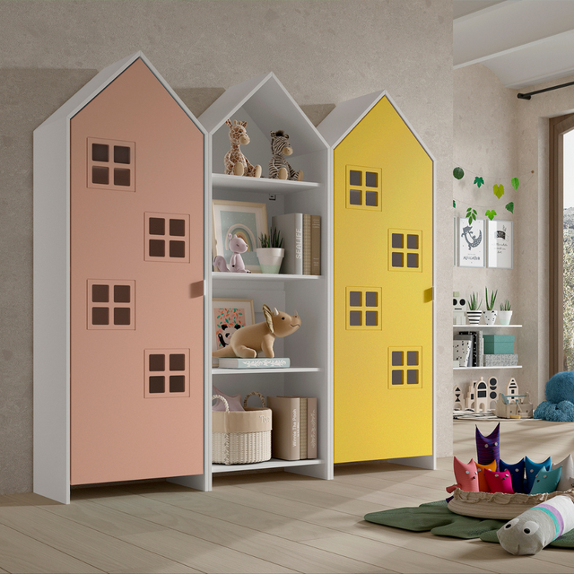 The Casami Kids 2 & 1 Open Door Window Wardrobe Set in Blush Peach & Sunbeam Yellow features playful beach hut design, three shelves, MDF and a hanging rail