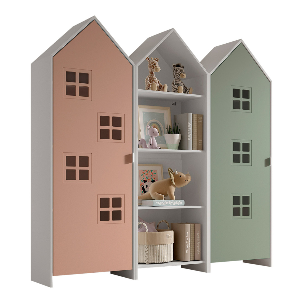 The Casami Kids 2 & 1 Open Door Window Wardrobe Set in Blush Peach & Mint Green features playful beach hut design, three shelves, MDF and a hanging rail