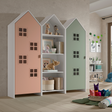 The Casami Kids 2 & 1 Open Door Window Wardrobe Set in Blush Peach & Mint Green features playful beach hut design, three shelves, MDF and a hanging rail