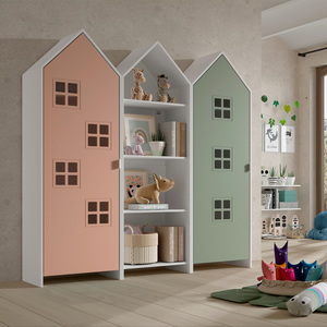 The Casami Kids 2 & 1 Open Door Window Wardrobe Set in Blush Peach & Mint Green features playful beach hut design, three shelves, MDF and a hanging rail